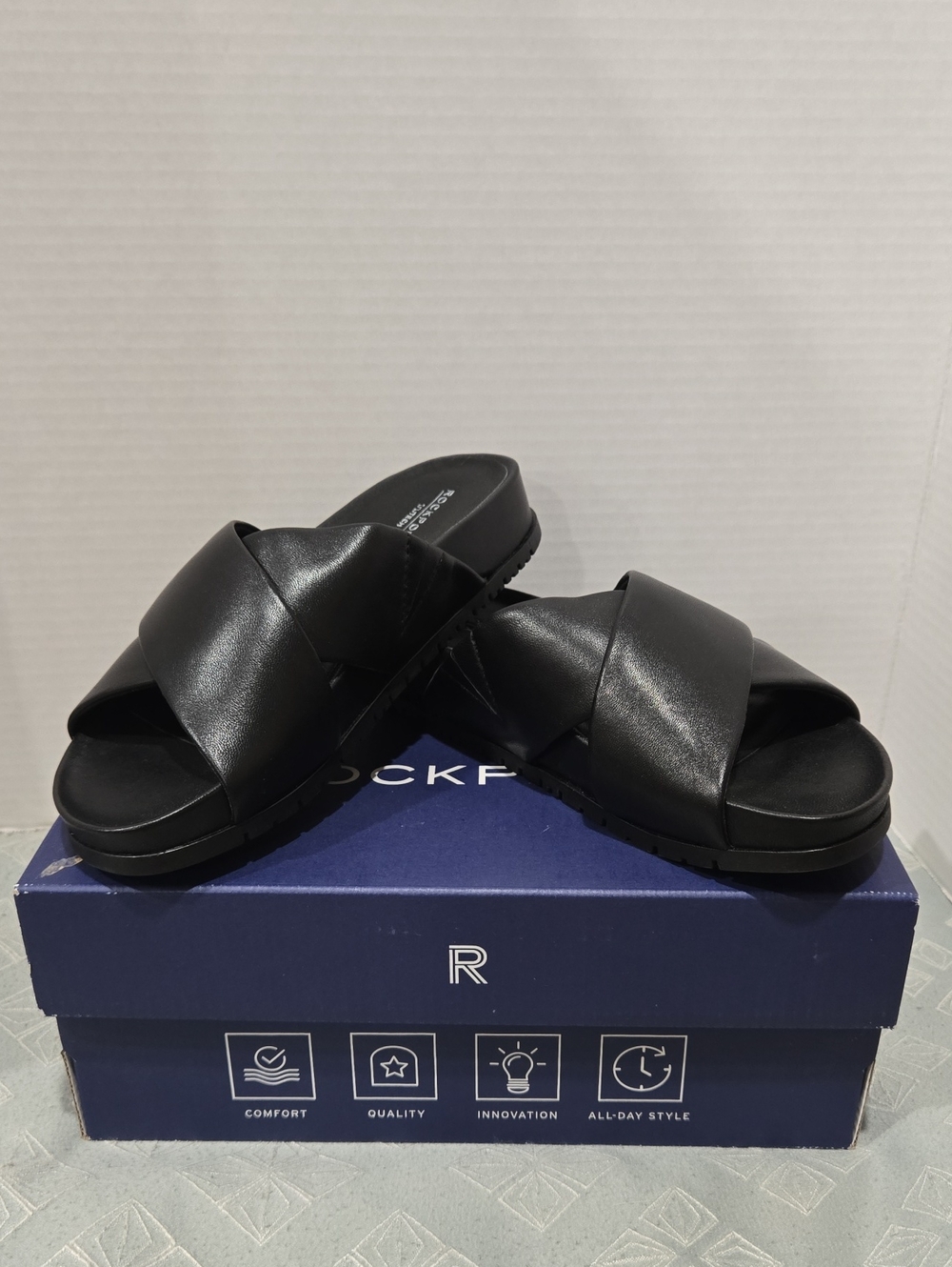 Rockport Women's Black Cross-Band Slide Sandals